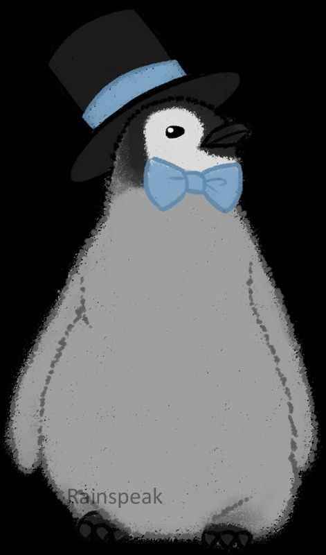 drawing of baby emperor penguin wearing a top hat and bowtie