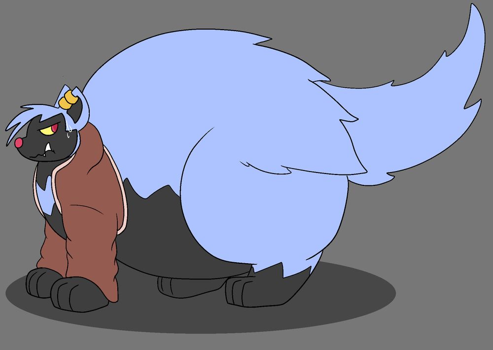 [Mid-gray background, circle shadow. Flat color.]

Miles, a Poochyena. A vaguely dog or hyena-like Pokemon, standing on all fours, wearing a brown hooded coat with long sleeves. He has a silver-blue fur color, with dark gray on his face, inside his ears, on all four paws, and on his underbelly. The dark gray has a zig-zag pattern along its edge. His eyes are yellow with red irises, and he wears two gold earrings on his left ear. We're viewing him directly from his left side, with him facing stage left.

While his front half looks about normal for a Poochyena, his back half is an outstanding spherical shape, enough so that his back and rear end actually rest higher than his head does. His hind legs are wider than a normal Poochyena's body would be. His tail is curled upward slightly, and he has a grumpy, maybe slightly embarrassed look on his face.