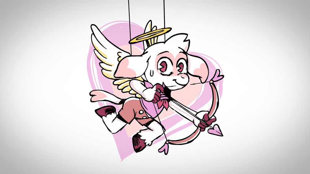 An anthropomorphic lamb character dressed as cupid. He is holding a bow and arrow with angel wings and a halo. He looks toward the camera with a timid smile.