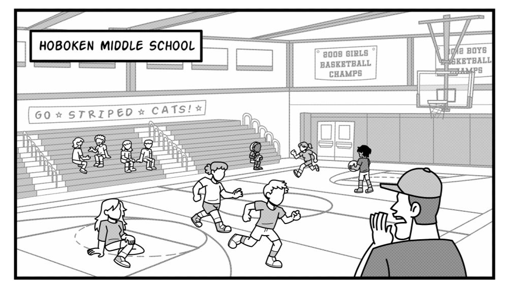 A wide shot of the Hoboken Middle School gym. Children are playing and a coach is seen to the right yelling. 