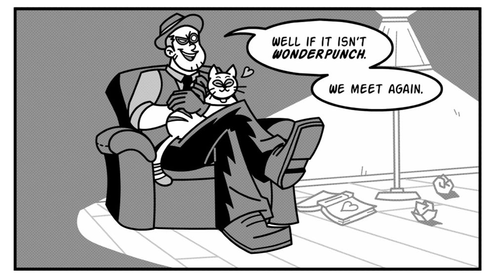 Jackson sitting in an armchair petting a cat. He is wearing formal super villain attire with a trilby hat and domino mask. A speech bubble reads, "Well if it isn't Wonderpunch. We meet again." 