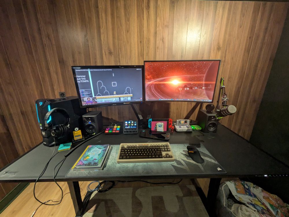 Dual monitor gaming/streaming/working station with microphone and accessories