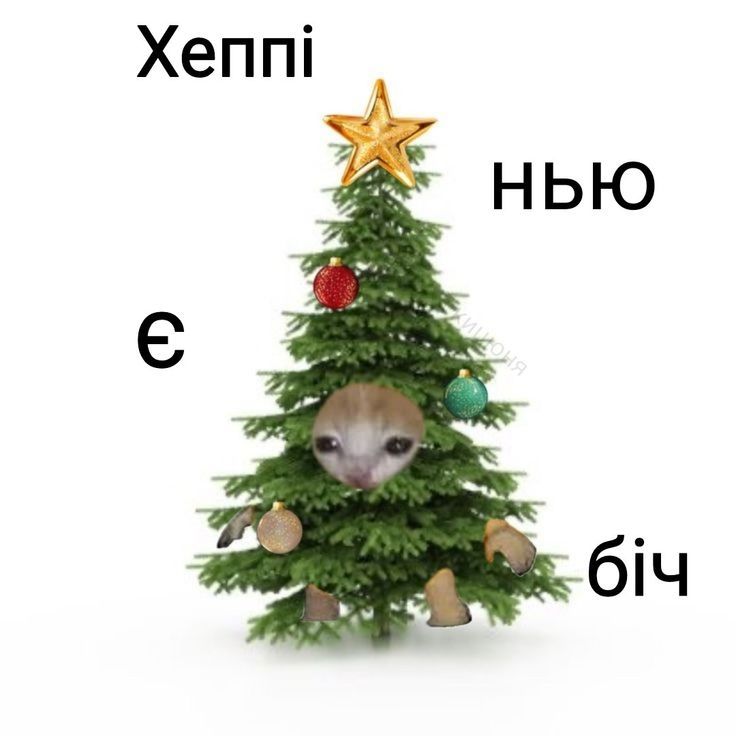 A Christmas tree that is also a cat (it has a cat's face in the middle of its crown). The tree also has small hands and feet, but it's unclear, whether they belong to a cat or some other type of creature. The transliterated to Ukrainian text reads: "Happy new yea bitch".