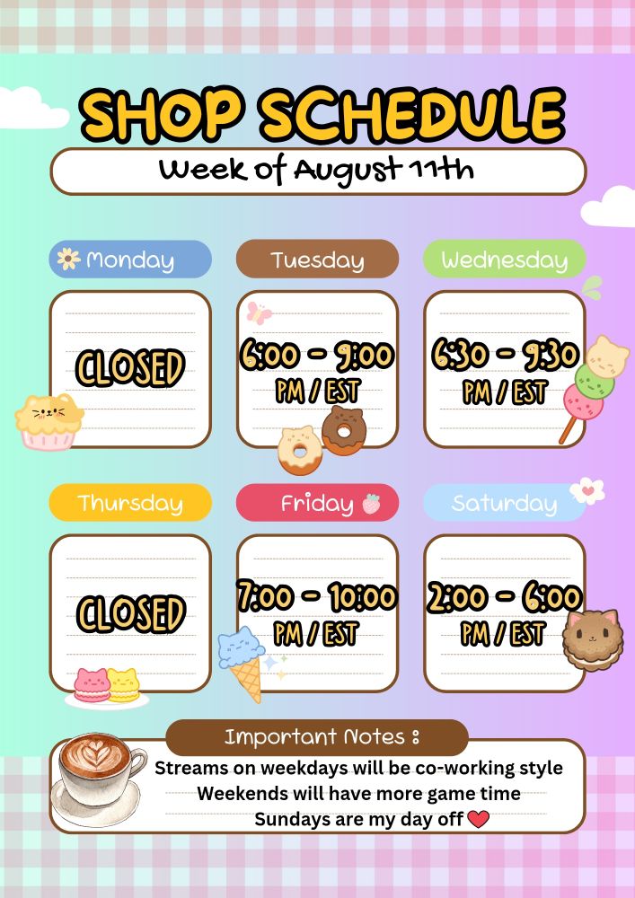 Spicy's stream schedule for the week of August 11th on Twitch. Monday and Thursday read CLOSED while Tuesday is 6-9 EST, Wednesday is 6:30-9:30, Friday - 7:00 - 10:00 and Saturday 2:00 - 6:00 PM EST