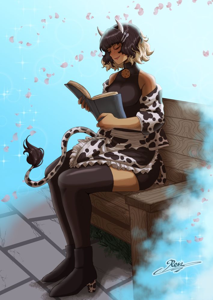 The cow horned and tailed Vtuber Spicy sitting on a park bench with a book in her hands as she peacefully smiles to herself, eyes shut. The background has a blue, cloudy-like mist carrying pink petals. The art is by Ren.Azod on Bluesky