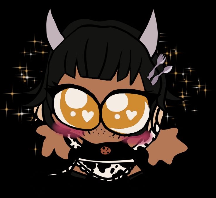 A little chibi Spicy with big eyes and pupils staring up at the viewer