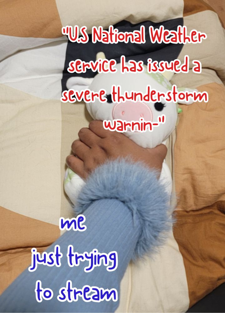 Spicy's arm extended as she grips the throat of a cow plushie. The text on her arm says "me just trying to stream" and over the cow in red reads "U.S National Weather service has issued a severe thunderstorm warnin-*