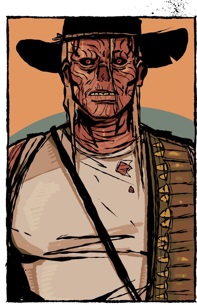 A tall woman fallout ghoul with patchy blonde hair, a cowboy hat and ammo draped over her shoulder.