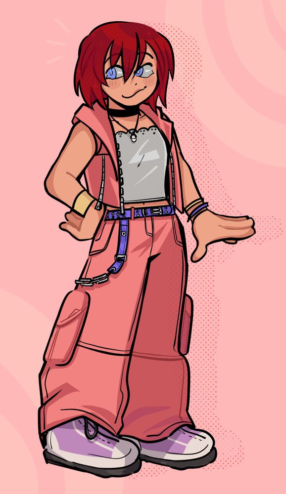 Kairi with a pink sleeveless jacket and long pink trip pants