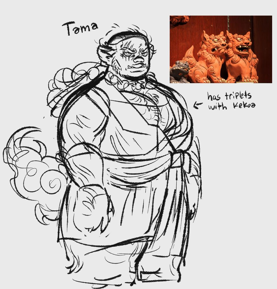 Sketch of a woman with long curly hair, sharp teeth and a fluffy tail. 