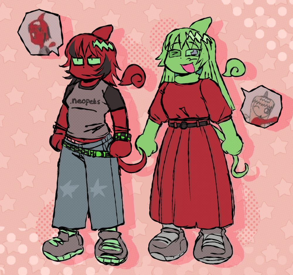 Girl on the left has red skin and has a horn. Shes wearing a gray shirt that says neopets and jeans.
Girl on right has green skin and has an horn and is wearing a red dress.