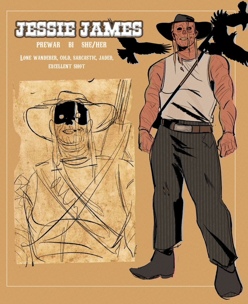 Text reads “JESSIE JAMES. Prewar BI she/her
lone wanderer, cold, sarcastic, jaded, excellent shot
Image is a slim ghoul woman standing. She is wearing a cowboy hat and has a rifle on her back