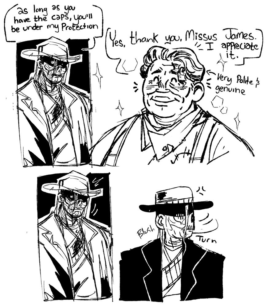 First panel shows a ghoul woman with a cowboy hat “as long as you have the caps, you’ll be under my protection”
2nd panel is a older woman with short hair smiling “yes, thank you missus James. I appreciate it.” “Very polite and genuine”
3rd panel the ghoul woman looks surprised.
4th ghoul woman turns away and blushes