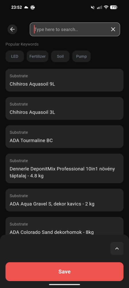 Chihiros app screenshot showing various common substrate brands.