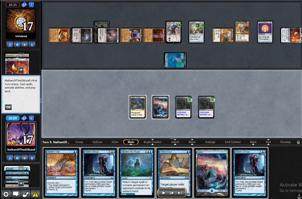 Chalice of the Void on X = 1, Karn, Trinisphere all in play. Basically impossible to win this game if they get another turn; I had to win this turn.