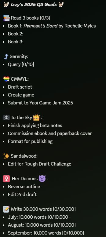 A dark green background with white text that reads: Izzy's 2025 Q3 Goals

📚 Read 3 books [0/3]
Book 1: Remnant's Bond by Rochelle Myles
Book 2:
Book 3:

Serenity: 
Query [0/10]

CMWYL:
Draft script
Create game
Submit to Yaoi Game Jam 2025

🏴‍☠️ To the Sky 👑 :
Finish applying beta notes
Commission ebook and paperback cover
Format for publishing

✨ Sandalwood:
Edit for Rough Draft Challenge

♀️  Her Demons 👿 :
Reverse outline
Edit 2nd draft

📝 Write 30,000 words [0/30,000]
July: 10,000 words [0/10,000]
August: 10,000 words [0/10,000]
September: 10,000 words [0/10,000]
