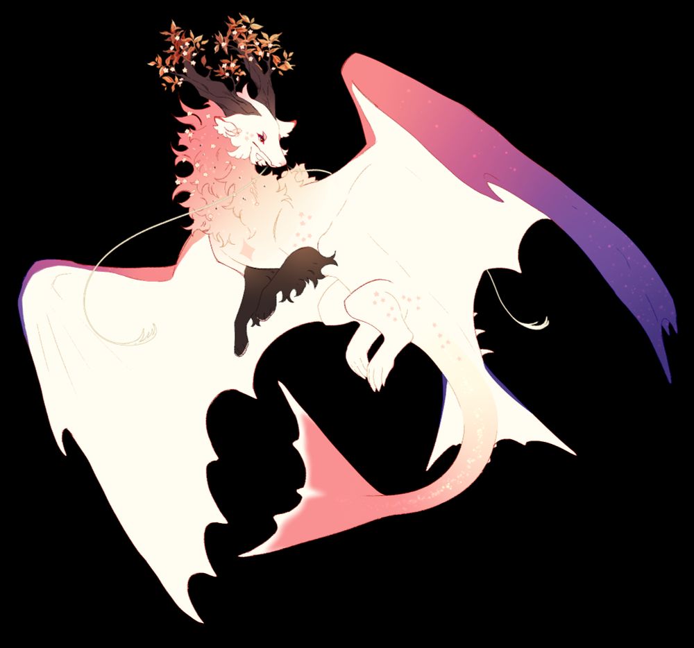 A white, pink, and purple dragon with fluffy fur and webbed wings. Its horns are giant tree branches with leaves and flowers.