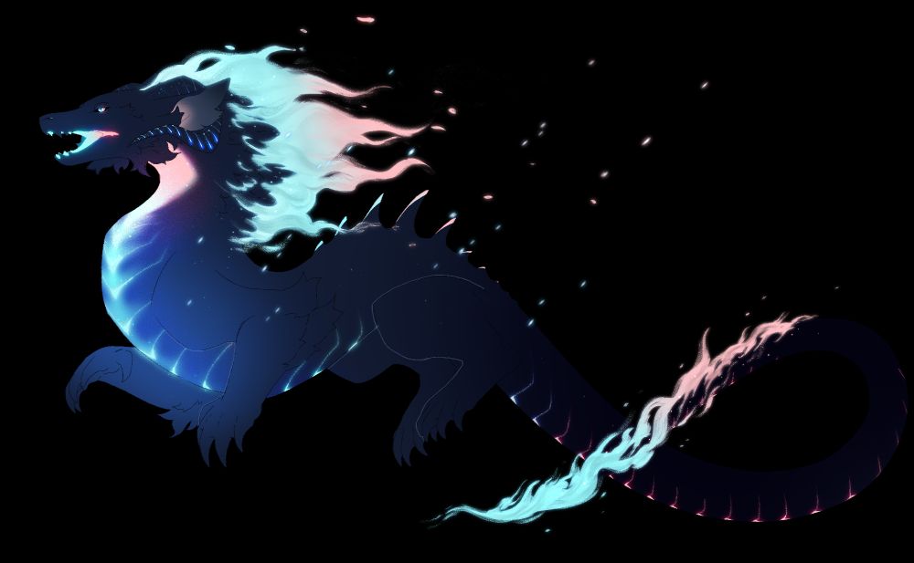 A wingless dragon with black fur and scales. Their chest and belly scales glow bright blue and pink, and the back of their neck and tip of their tail  burn with a similarly colored fire.
