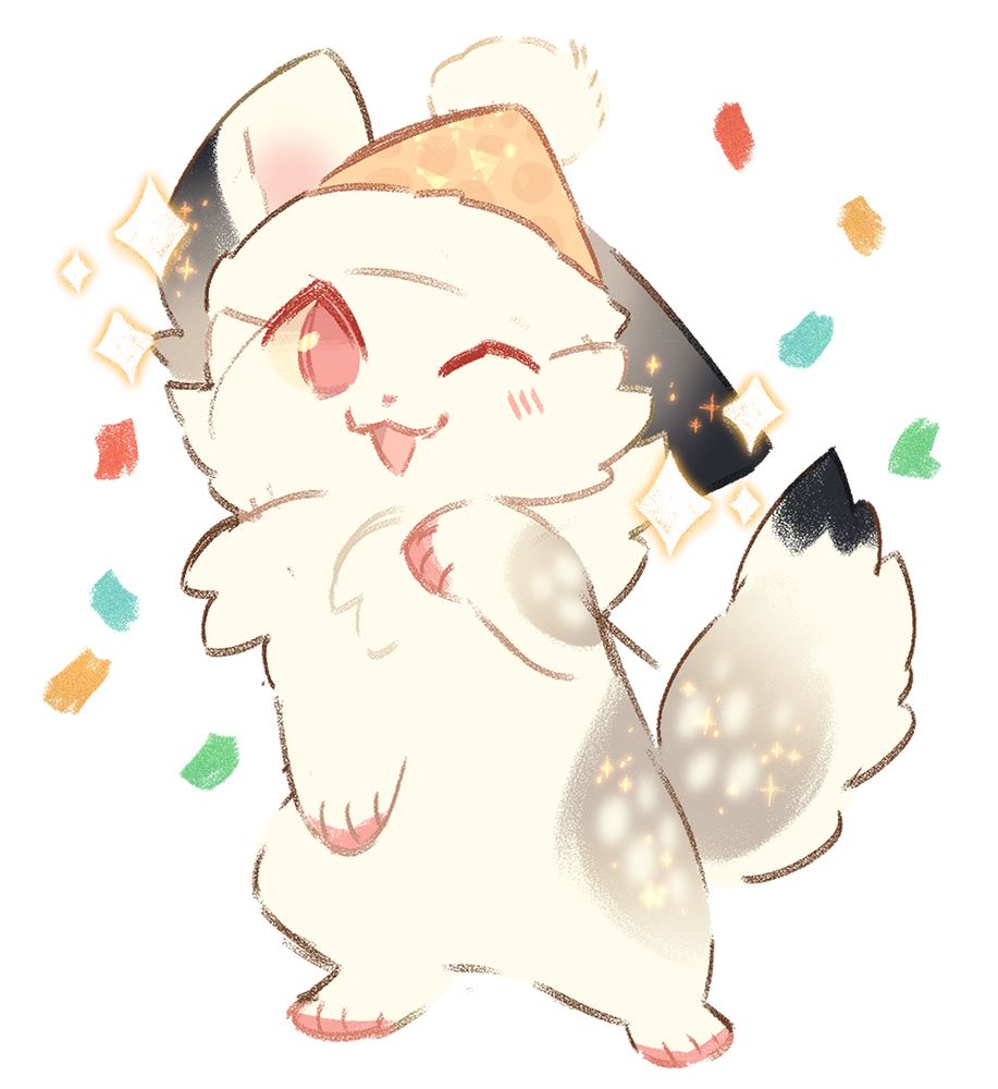 A little cat looking cute with a birthday hat on and confetti floating around
