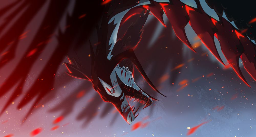 A painting of a dragon over a blurred background. They have razor sharp teeth coated with a little blood, and they have sharp ram-like horns on their head. Their belly scales glow red, and embers fly past them. 