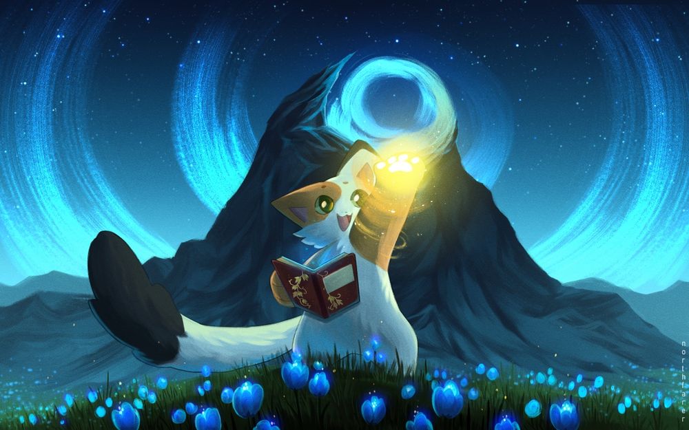 An illustration of a cat holding a book with his other paw to the sky. In the background, there's a giant mountain with blue swirls of magic eminating off of the peak and into the sky.