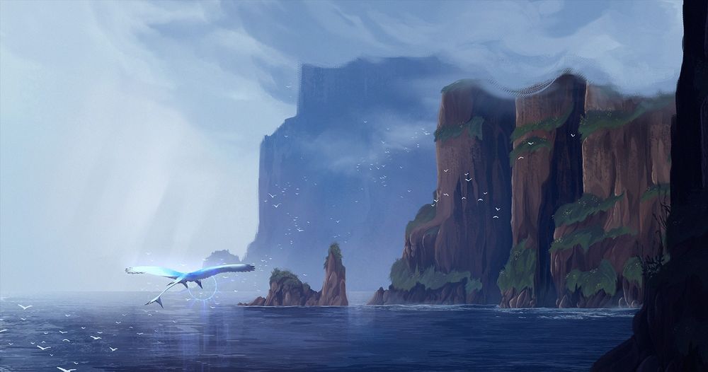 A painting of a feathered wyvern flying over a vast ocean. Rocky cliffs surround the shorelines, and heavy clouds obscure their tops. 