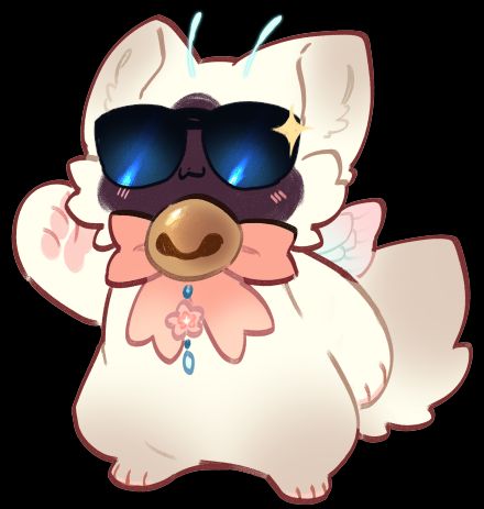 A cute chibi drawing of a fox-like closed species called a "vixie" standing on two legs and holding a paw up. She's wearing big sun glasses and a bell with a bow. There's a mischievous look on her face.