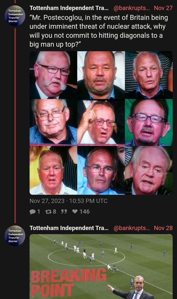Screenshot of @bankruptspurs meme - montage of reactionary gammon  numbskulls asking Jeremy Corbyn why he would not use nuclear weapons except they are asking Postecoglu why - in the event of direct nuclear threat - he will not commit to going long and getting it to the big man in the mixer