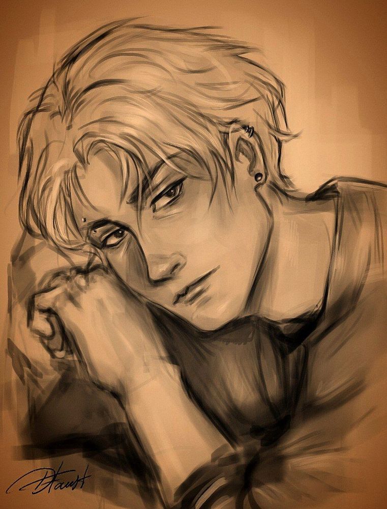 A fanart to book "All for the game". The picture shows Andrew Minyard. The picture is drawn in the sketch style  in brown colours.