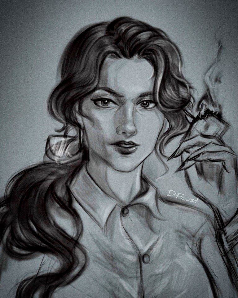 My character Selena with a tarot card on fire