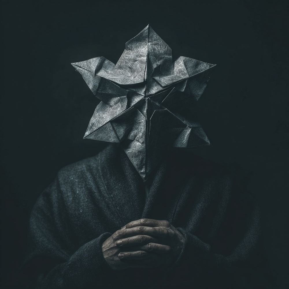 A person in a dark robe stands with hands folded together, their face obscured by a large origami mask shaped like a star or flower. The mask is made of stiff, textured paper with sharp creases and folds, giving the figure a surreal, ritualistic appearance. The background is black, making the figure appear to emerge from shadow.