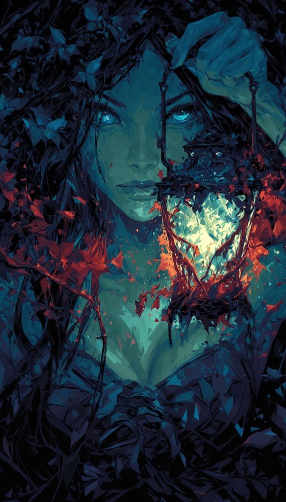 A stylized, surreal portrait of a woman with glowing blue eyes emerging from deep shadows and tangled dark foliage. Her skin is lit with cool teal tones. She holds a bright, fractured lantern made of twisting branches, casting shards of warm orange and red light. Leaves scatter around the lantern like sparks, creating a contrast between cold blues and fiery reds. The scene feels mystical, eerie, and intimate — as if she stands at the boundary between forest and dream, illuminating what hides within.