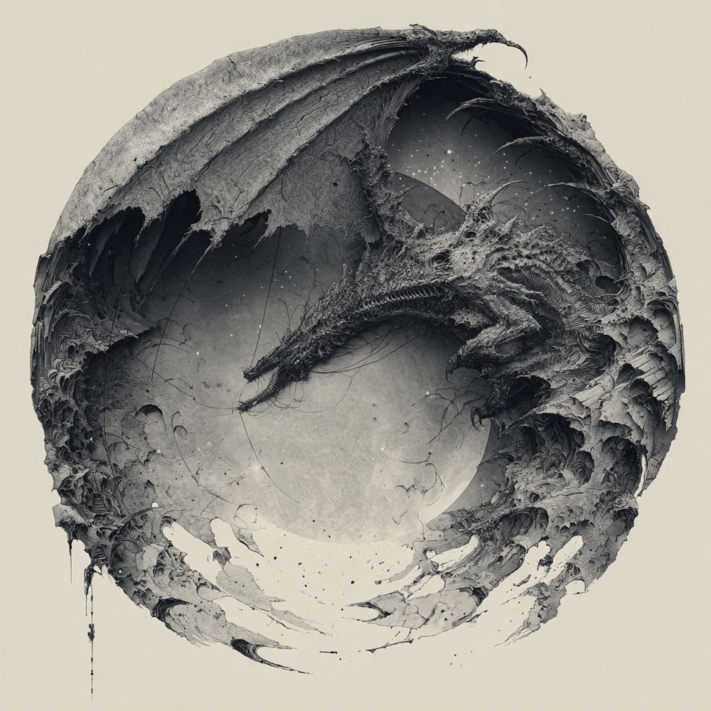 A void dragon curled within a decaying sphere, wings tattered like torn parchment stretched across space. Its body is skeletal and textured like fractured stone, as if eroded from reality itself. The circular frame evokes a cosmic womb or prison, the dragon woven into the collapse of worlds.