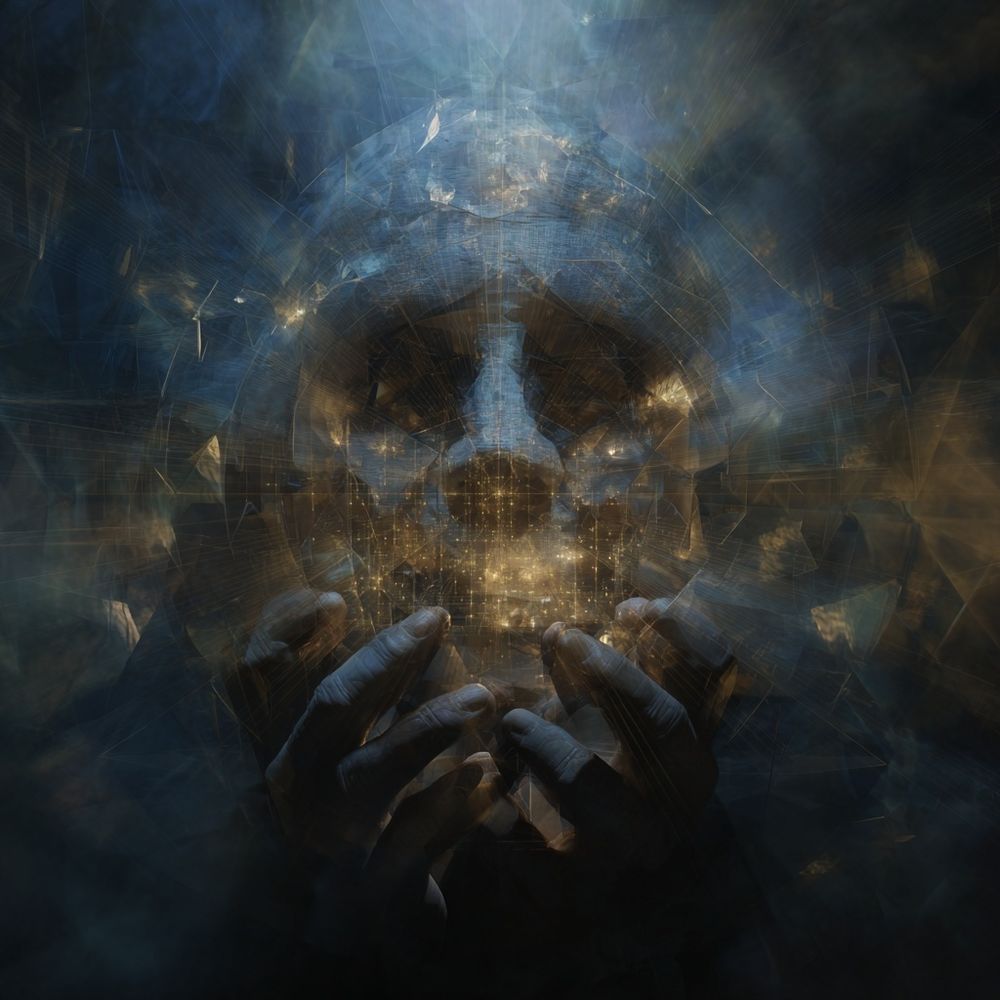 A human figure holds a glowing geometric skull made of light and fractured shards, blue and gold haze surrounding it.