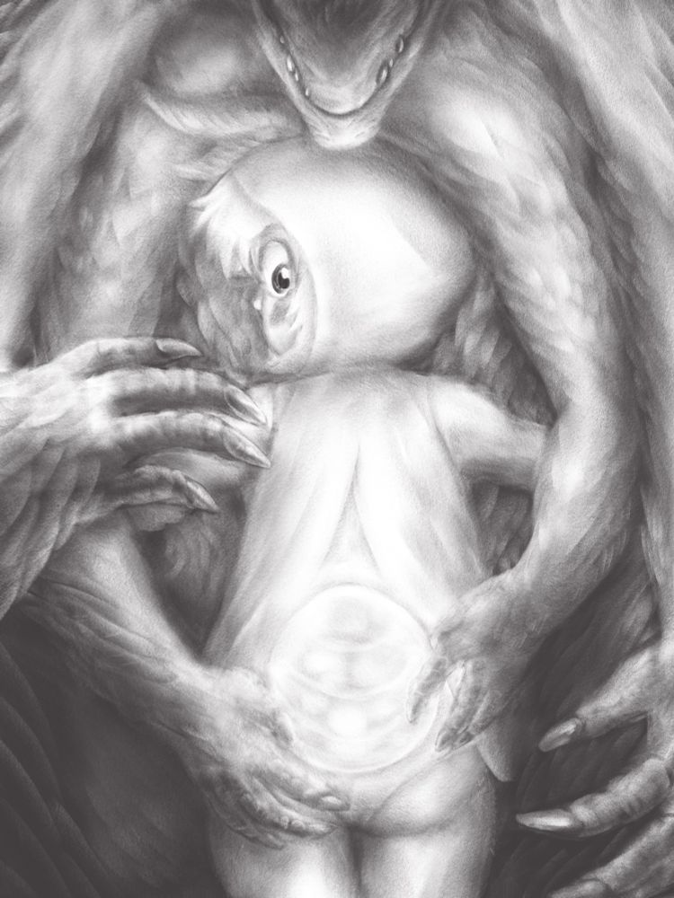 Briony, a small mothenby is hugging a large four armed feathered creature, which is grabbing eir butt. Eir eyes are wide with surprise. 