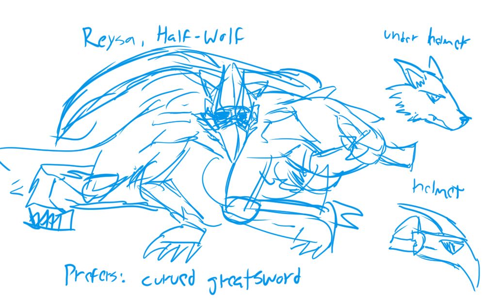 Title: Reysa, Half Wolf. An armored wolf-like in a long cape with armor. She's shown to have a grizzled, canine face. She's wielding a large curved great sword behind her back.
