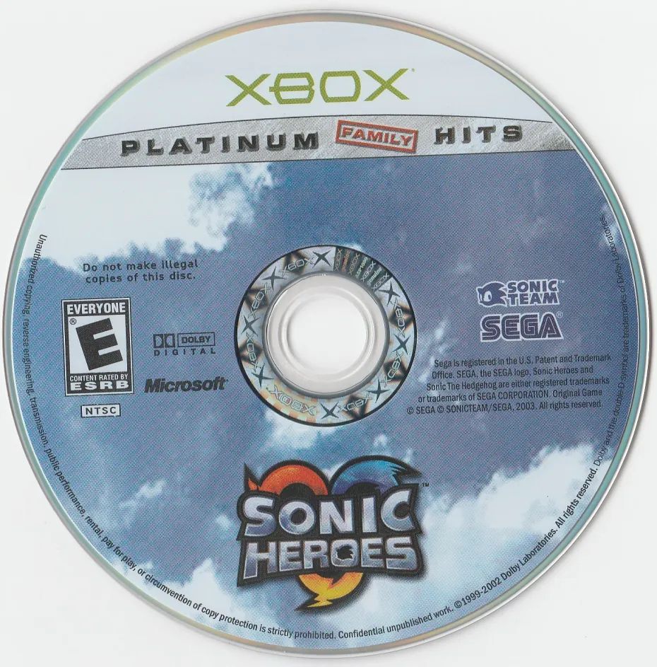 The platinum hits re-release of the Xbox NTSC-U version of Sonic Heroes. The logo now replaces the characters on the bottom, overlayed on top of a stock photo of some clouds.