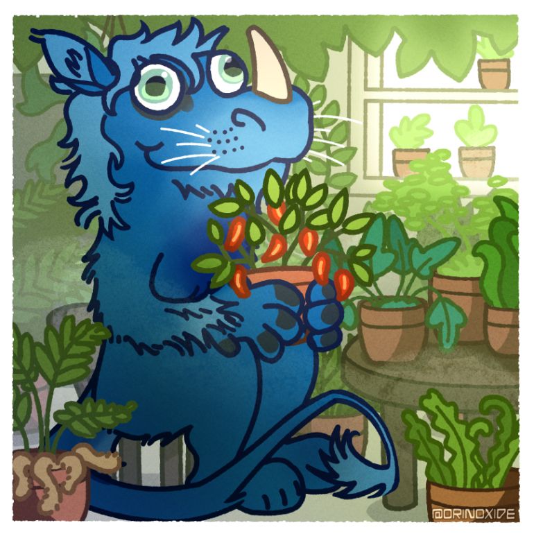 Blue monoceros with a cheerfully vacant expression sitting in a room full of ferns.