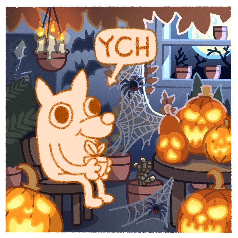 YCH figure in a spooky Hallowe'en scene surrounded by carved pumpkins and cobwebs.