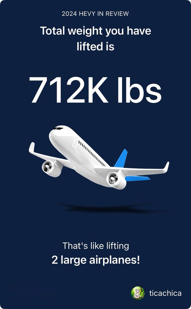 Picture of airplane with text that’s says I lifted the equivalent of 2 airplanes! 