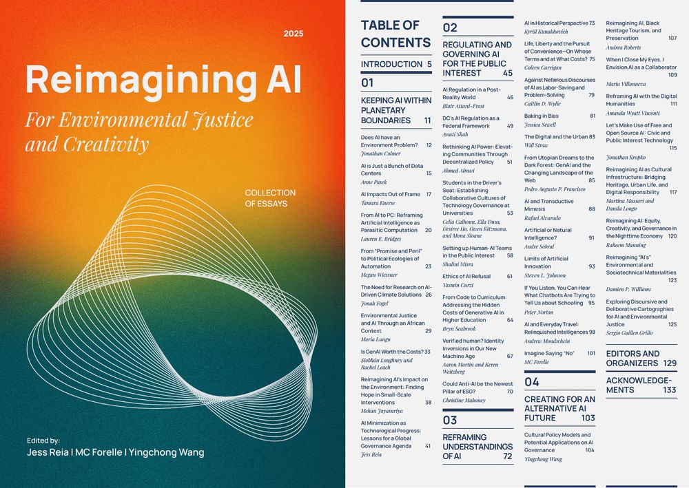 There are two images together. On the left is the cover of a collection of essays titled "Reimagining AI for Environmental Justice and Creativity," co-edited by Jess Reia, MC Forelle and Yingchong Wang in 2025. The cover features an orange and teal design with an abstract pattern at its center. On the right, the table of contents featuring dozens of authors divided into four sections.