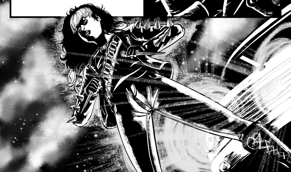 Drawing of Evie Van Helsing, lead character from the comic Evie and The Helsings, standing and holding 2 wooden stakes while being backlit by a vans headlights.