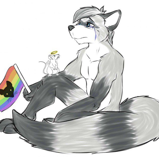 Ristin Raccoon sitting and crying.  On his knee is the ghost/angel of his deceased soulmate Marko T. Rat, trying to comfort his grieving partner.  Ristin holds a faded pride flag with a rodent silhouette on it.