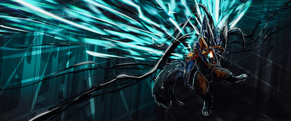 Neteye the Protogen, sitting on a floor, corrupted and broken with energy and tentacles erupting from the back