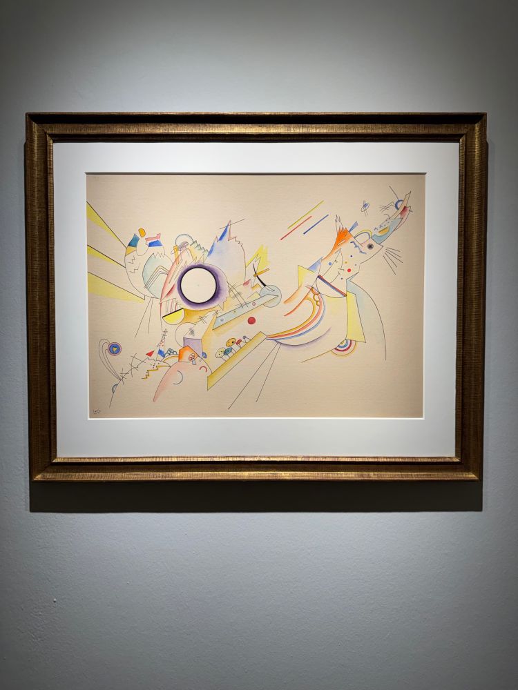 Kandinsky Composition (1923) — framed pastel abstraction of delicate lines, circles and geometric motifs radiating from a central circle.