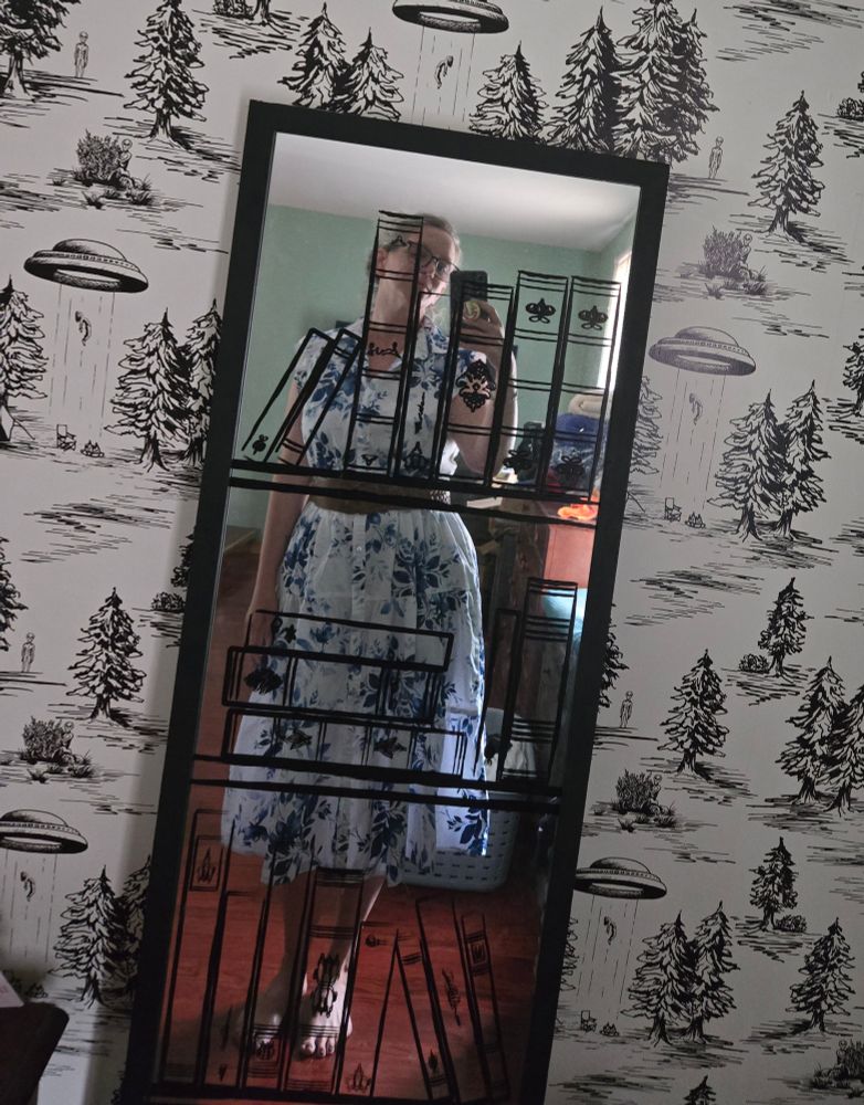 A woman wearing a white tea length wwhite dress with blue flowers, taking a selfit in a mirror painted to look like a book case. The mirror is framed by a patterned wallpaper of spruce trees and an alien abduction scene