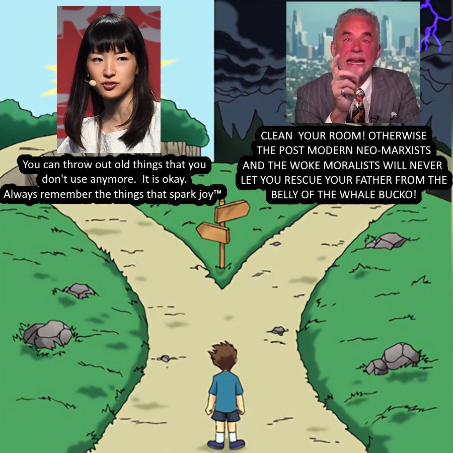 Branching paths showing the option of going towards Mari Kondo or Jordan Peterson