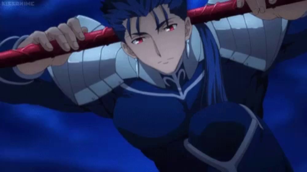 a man with blue hair and red eyes is holding a red stick with kissanime written above him