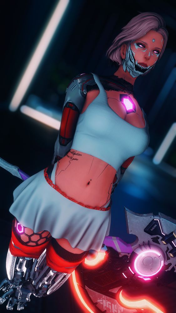 Maia Wiol, a Garlean player character, wielding a Vanguard War Axe. Her outfit features various cybernetic elements such as glowing chest-spot, glowing eyes, and entirely metallic legs. 