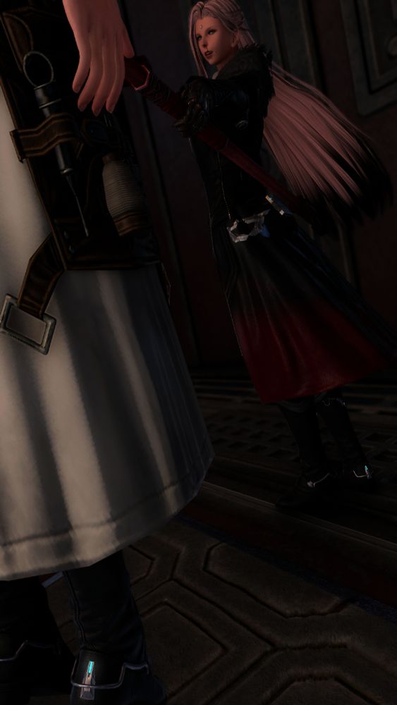 Maia Wiol, a Garlean player character, stabbing a doctor's-robed person with a crimson lance. 